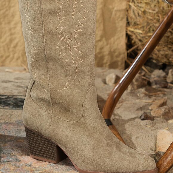 ⚡Women's Beige Embroidered Cowgirl Boots Knee High Pointed Toe Chunky Heel - Picture 7 of 7